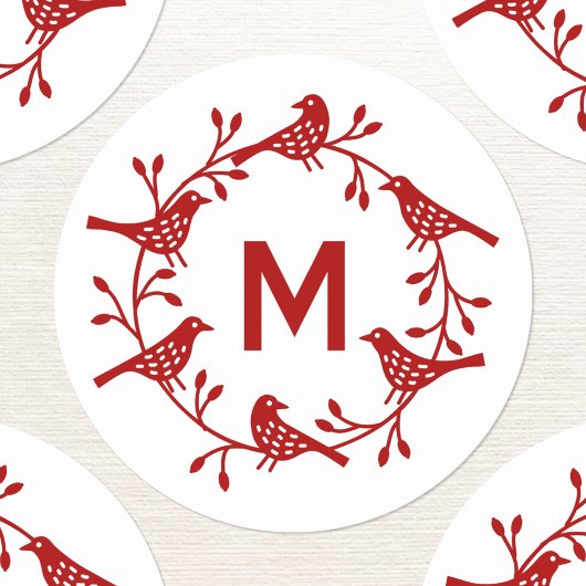 Monogram Initiaal Vogelkrans Scandinavisch Ronde Sticker