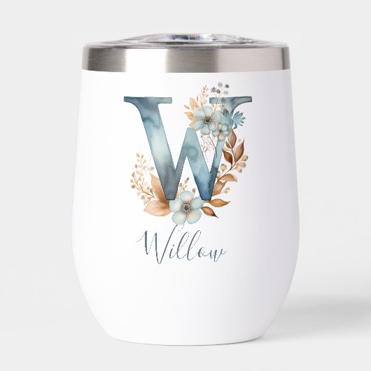 Monogram Initiaal W Blauwe Bloem Waterverf Cadeau (Voorkant)