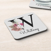 Monogram Initiaal W Pink Boho Floral Bier Onderzetter (Linkerzijde)