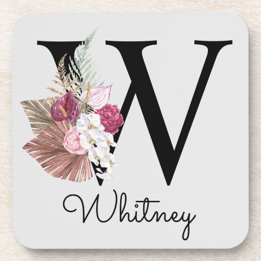 Monogram Initiaal W Pink Boho Floral Bier Onderzetter (Voorkant)