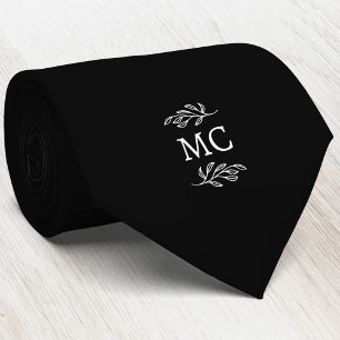 Monogram Initiaal Wapen Botanische Blad Zwart Stropdas