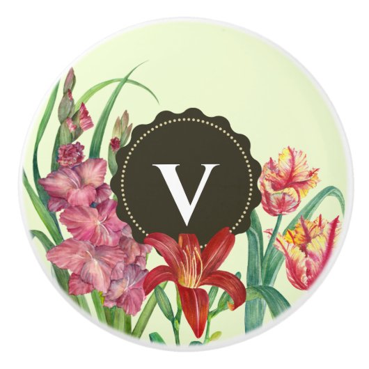 Monogram Initiaal Warm Kleur Floral Illustratie Keramische Knop (Voorkant)