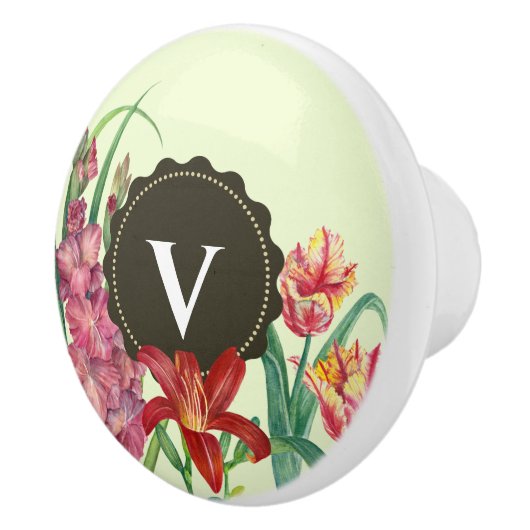 Monogram Initiaal Warm Kleur Floral Illustratie Keramische Knop (Rechts)