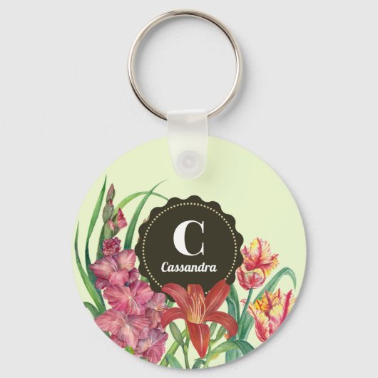 Monogram Initiaal Warm Kleur Floral Spring Blooms Sleutelhanger (Voorkant)