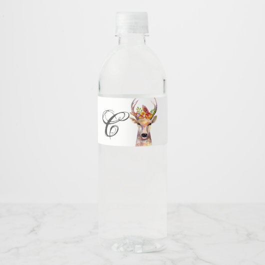 Monogram Initiaal Waterfles Label boho hert Buck Etiket (Voorkant)
