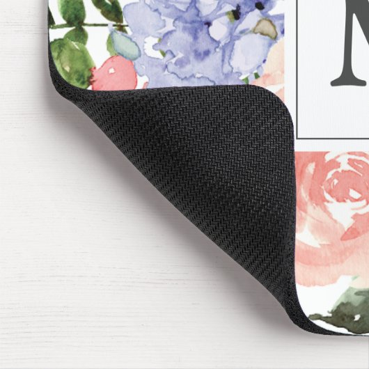 Monogram Initiaal Waterverf Blauw Roze Bloemen Muismat (Hoek)