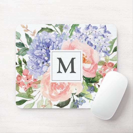 Monogram Initiaal Waterverf Blauw Roze Bloemen Muismat (Met muis)