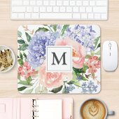 Monogram Initiaal Waterverf Blauw Roze Bloemen Muismat