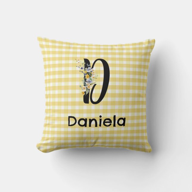 Monogram initiaal waterverf bloem gingham patroon kussen (Voorkant)