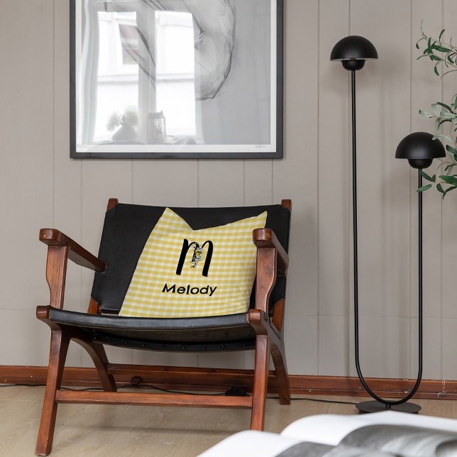 Monogram initiaal waterverf bloem gingham patroon kussen (Creator heeft geüpload)