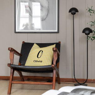 Monogram initiaal waterverf bloem gingham patroon kussen