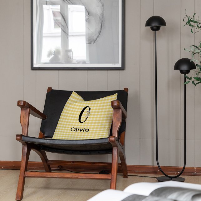 Monogram initiaal waterverf bloem gingham patroon kussen (Creator heeft geüpload)