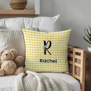 Monogram initiaal waterverf bloem gingham patroon kussen