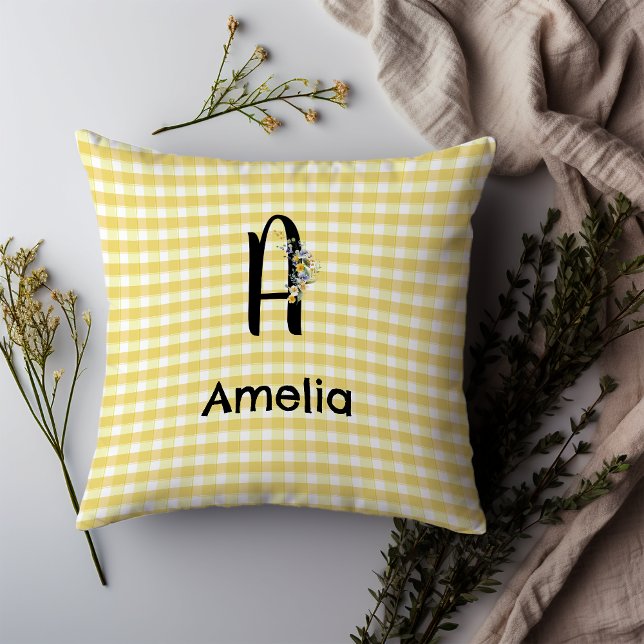 Monogram initiaal waterverf bloem gingham patroon kussen (Creator heeft geüpload)