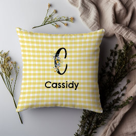 Monogram initiaal waterverf bloem gingham patroon kussen