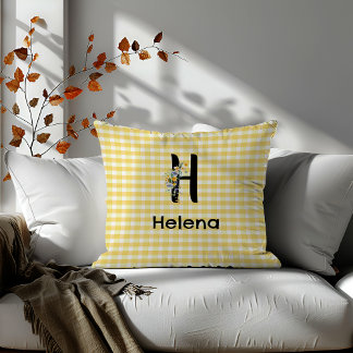 Monogram initiaal waterverf bloem gingham patroon kussen