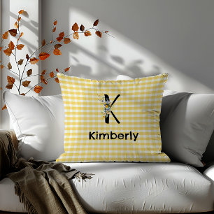 Monogram initiaal waterverf bloem gingham patroon kussen