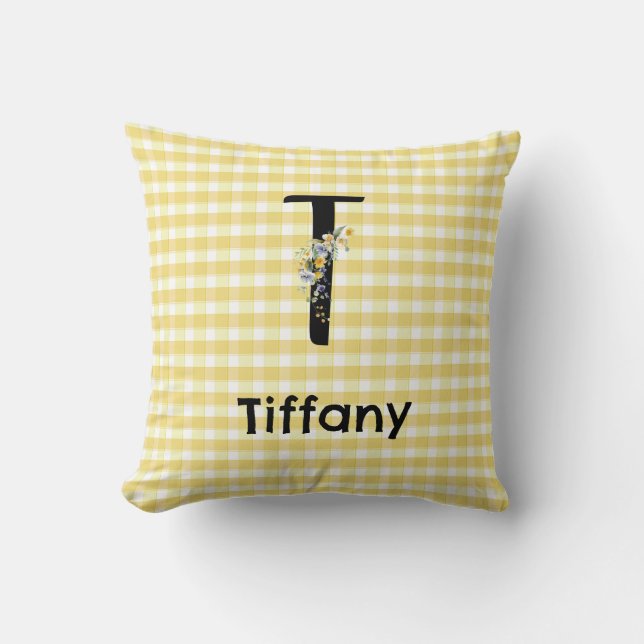 Monogram initiaal waterverf bloem gingham patroon kussen (Voorkant)