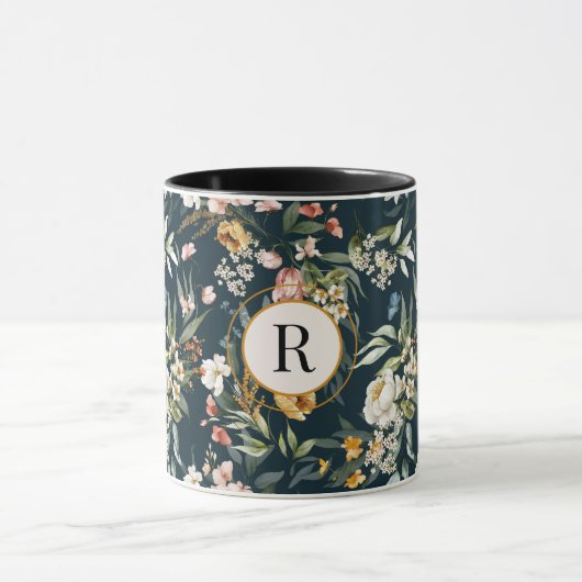 Monogram Initiaal,  Waterverf Bloemen Combo Mok (Midden)