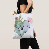 Monogram Initiaal  Waterverf Bloemen Groen Tote Bag (Dichtbij)