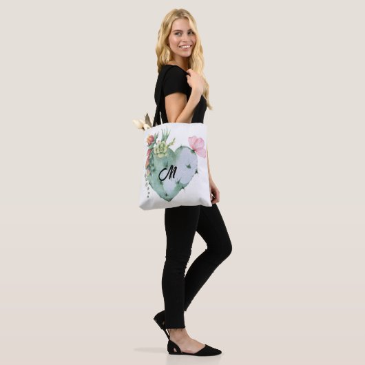 Monogram Initiaal  Waterverf Bloemen Groen Tote Bag (Op model)