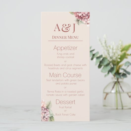 Monogram Initiaal Waterverf Hydrangea Bloemen Menu (Staand voorkant)