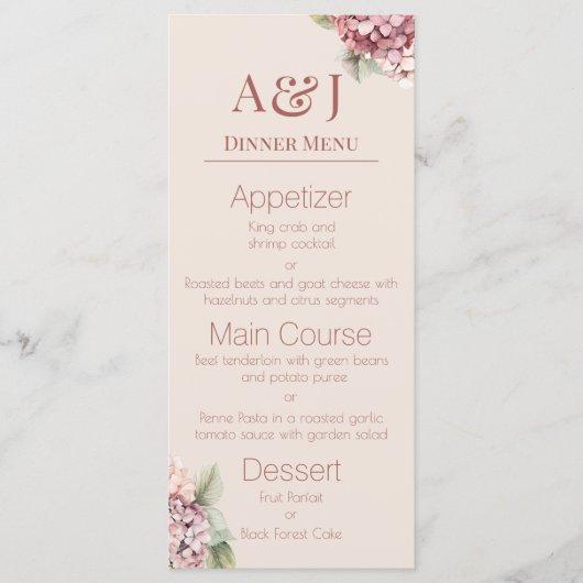 Monogram Initiaal Waterverf Hydrangea Bloemen Menu (Voorkant)