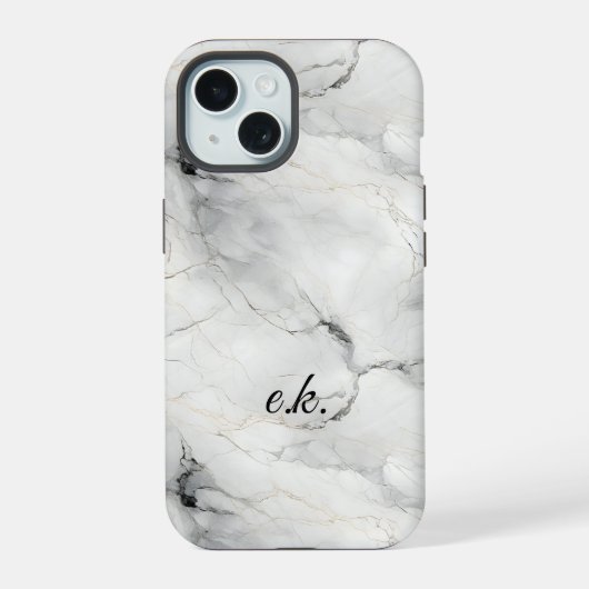 Monogram Initiaal wit grijs zwart goud marmer  iPhone 15 Case (Achterkant)