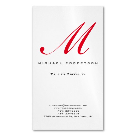 Monogram Initiaal Wit Rood Unieke Minimalist Magnetisch Visitekaartje (Voorkant Verticaal)