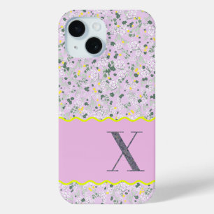 MONOGRAM INITIAAL X LILA KLEINE BLOEMETJES iPhone 15 CASE