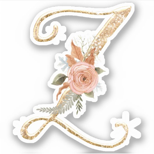 Monogram Initiaal Z Gouden Glitter Pioen Roos Bloe Sticker (Voorkant)