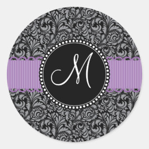 Monogram Initiaal Zwart Bloemen Damast Paarse Lint Ronde Sticker