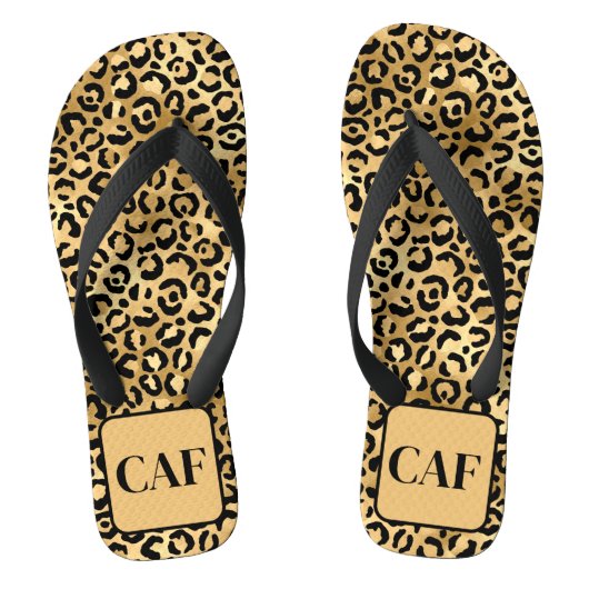 Monogram Initiaal Zwart Goud Luipaard Cheetah Prin Teenslippers (Voetbed)