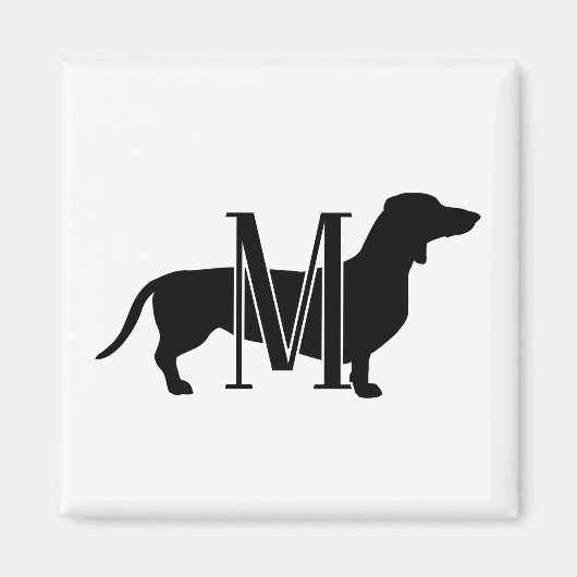 Monogram Initiaal Zwarte & Witte Doxie Silhouet Magneet (Voorkant)