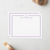 Monogram Initial Casual Purple Border Stationery Notitiekaartje (Voorkant / Achterkant in situ)