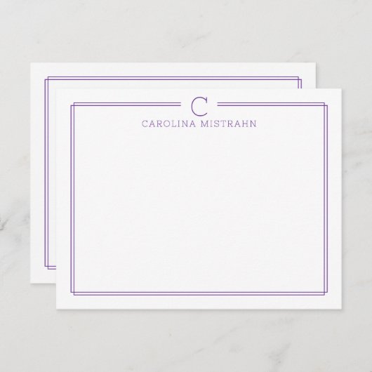 Monogram Initial Casual Purple Border Stationery Notitiekaartje (Voorkant / Achterkant)