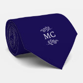 Monogram Initial Crest Botanical Leaf Navy Blue Stropdas (Opgerold)