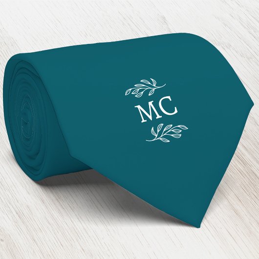 Monogram Initial Crest Botanical Leaf Teal Green Stropdas