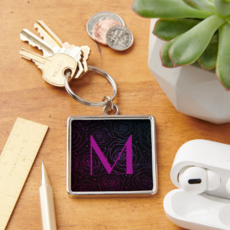 Monogram Initial Dark Floral Rose Magenta Purple Sleutelhanger