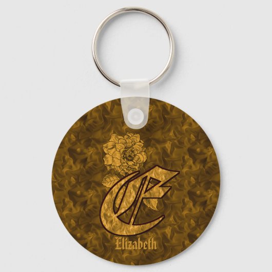 Monogram Initial E Gold Peony Personalized  Sleutelhanger (Voorkant)