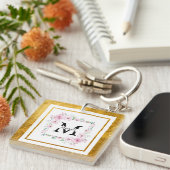 Monogram Initial "M" Floral - Pink Roses & Gold Sleutelhanger (Voorkant Rechts)