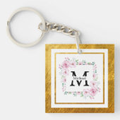 Monogram Initial "M" Floral - Pink Roses & Gold Sleutelhanger (voorkant)