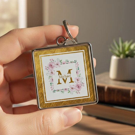 Monogram Initial "M" Floral - Pink Roses & Gold Sleutelhanger