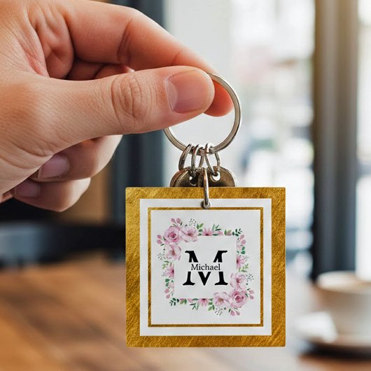 Monogram Initial "M" Floral - Pink Roses & Gold Sleutelhanger