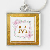 Monogram Initial "M" Floral - Pink Roses & Gold Sleutelhanger (Voorkant)