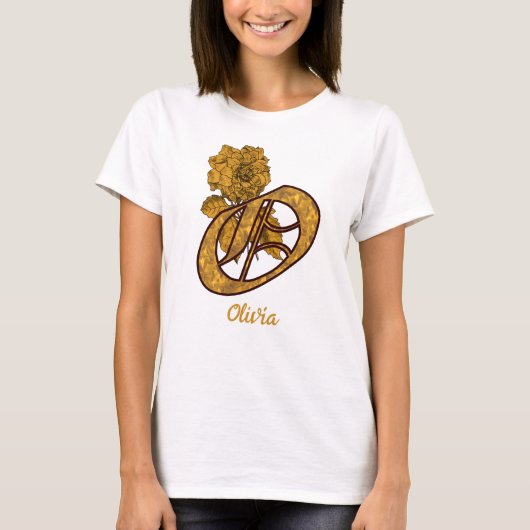 Monogram Initial O Gold Peony Personalized T-shirt (Voorkant)