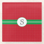 Monogram Initial, Red Green, White Polka Dots Glazen Onderzetter (Voorkant)