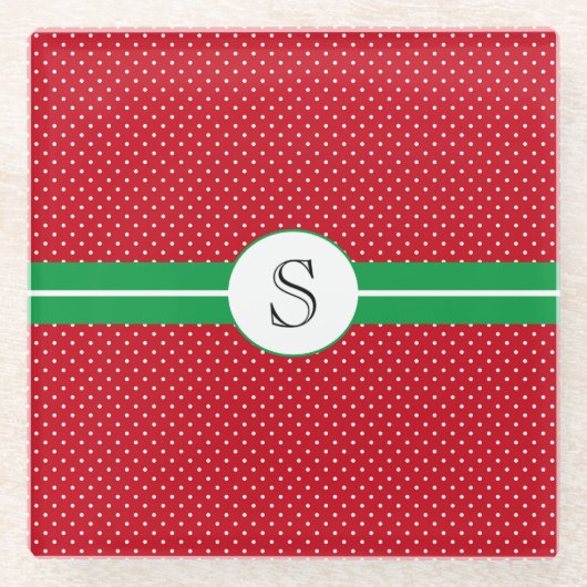 Monogram Initial, Red Green, White Polka Dots Glazen Onderzetter (Voorkant)