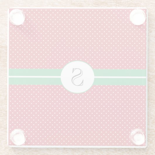Monogram Initial, Red Green, White Polka Dots Glazen Onderzetter (Achterkant)