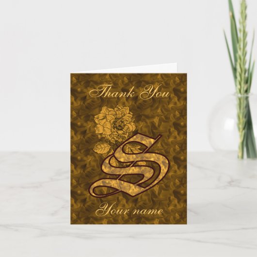Monogram Initial S Gold Satin Peony Personalized Bedankkaart (Voorkant)